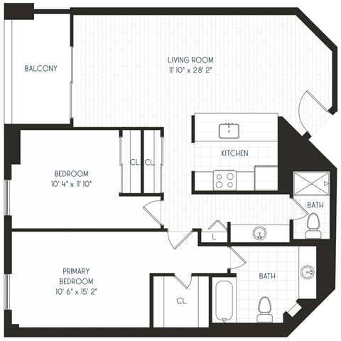 Floor plan for 2 beds, 2 baths, 1104 sqft